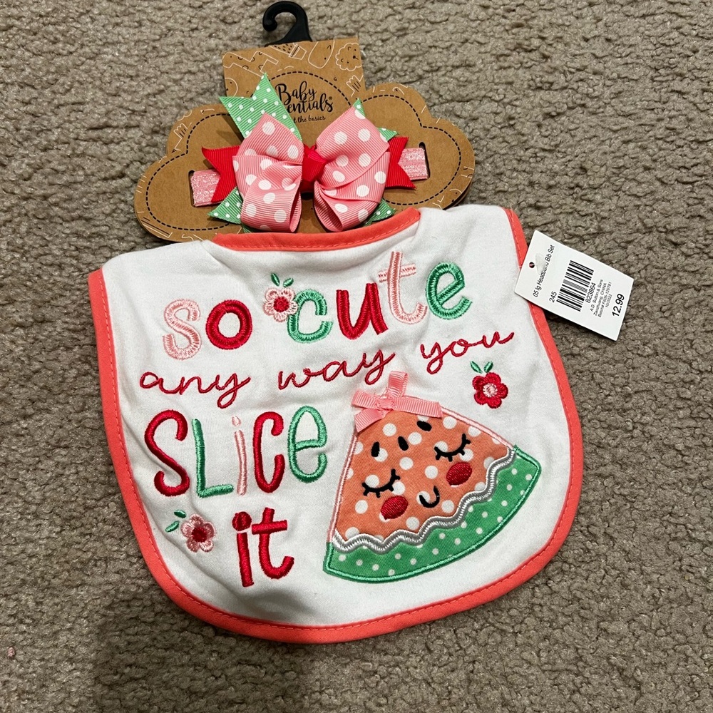 Essentials White and Green Bib Set with Watermelon Theme